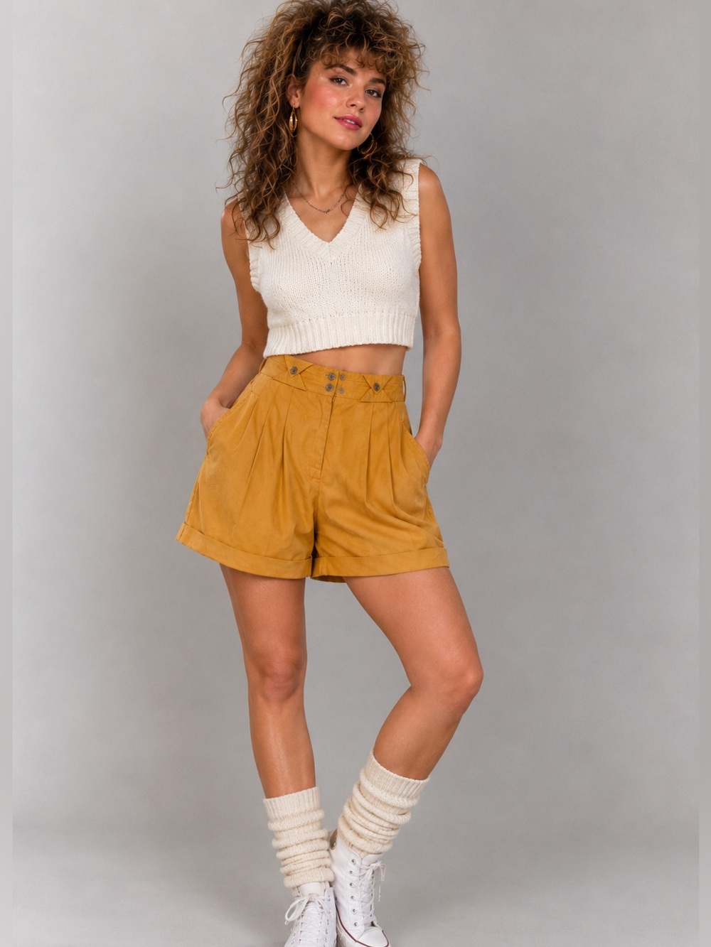 OBR Vintage Mustard Yellow High Waist Pleated Shorts Cuffed Retro Cottagecore